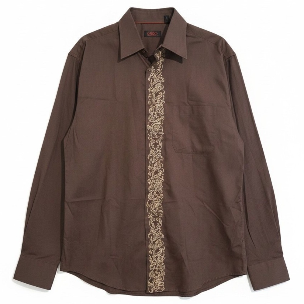 Contigo Long‎ Sleeve Button Down Shirt, Brown Gold Embroidered Scroll, Men's